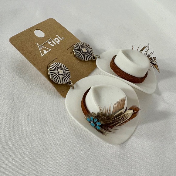 Tipi Jewelry - Tipi White Cowboy Hat Earrings Turquoise Feather Western Boho Jewelry